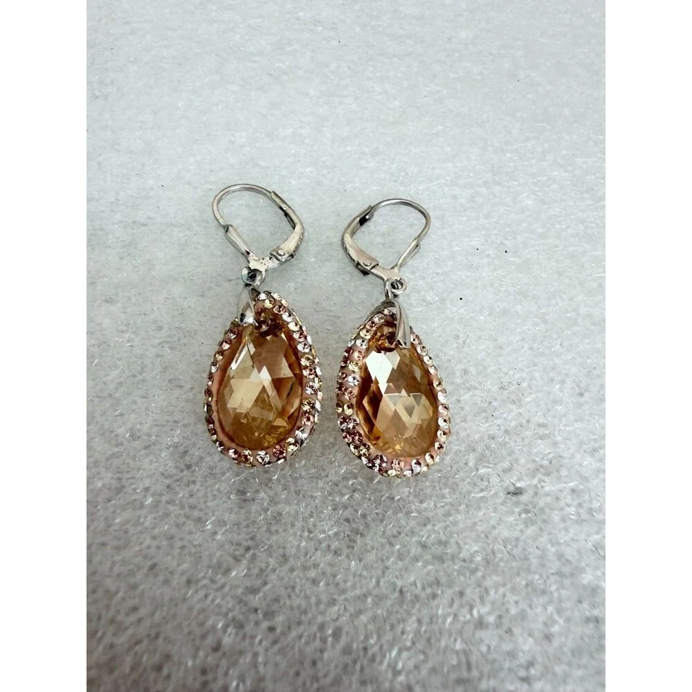925 Sterling Silver Golden Shadow Crystal Teardrop Halo Leverback Earrings Eleg